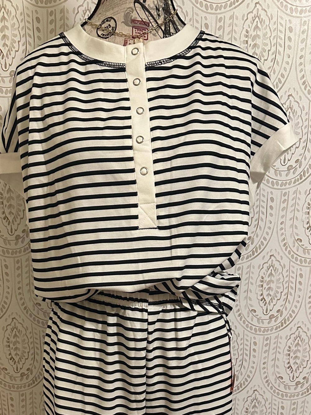 Striped Drawstring Wide-Leg two piece lounge set - Black & White